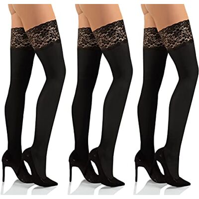 Sesto Senso Pacote de 3 meias autocolantes mulher microfibra 50 DEN opacas renda com silicone lingerie sexy, Preto Sesto Senso Pacote de 3 meias autocolantes mulher microfibra 50 DEN opacas renda com silicone lingerie sexy, Preto