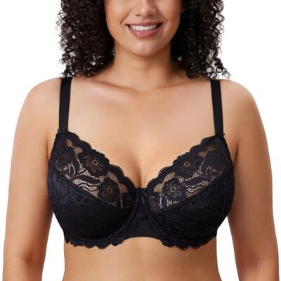 DELIMIRA Sutiã de tamanho grande sem enchimento com aros copas de renda para mulher, Preto, 105G DELIMIRA Sutiã de tamanho grande sem enchimento com aros copas de renda para mulher, Preto, 105G