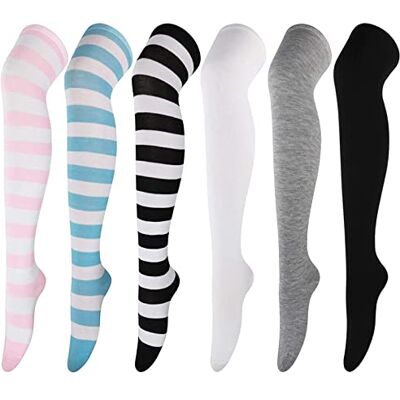 DRESHOW 6 pares meias até ao joelho para mulher, riscas escola de cosplay casual sobre o joelho meias até às coxas meias compridas, 6 Pares G DRESHOW 6 pares meias até ao joelho para mulher, riscas escola de cosplay casual sobre o joelho meias até às coxas meias compridas, 6 Pares G
