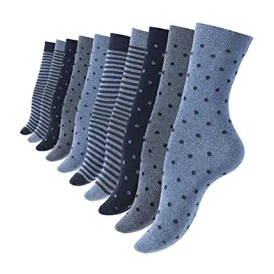 Vincent ® 10 pares de meias de algodão para mulher Pontos e riscas, azul Vincent ® 10 pares de meias de algodão para mulher Pontos e riscas, azul