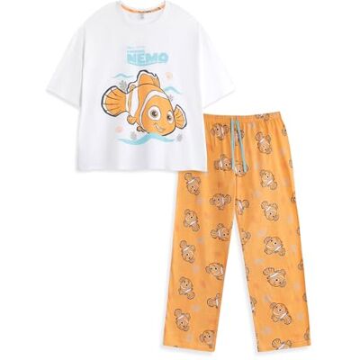 Disney Pijama de manga curta e perna comprida para mulher à procura de Nemo roupa de dormir e estar em casa com estampado animal laranja, pijama de gola redonda para relaxar e dormir Disney Pijama de manga curta e perna comprida para mulher à procura de Nemo roupa de dormir e estar em casa com estampado animal laranja, pijama de gola redonda para relaxar e dormir
