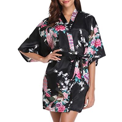 Vlazom Quimono mulher curta de cetim e seda, decote em V com estampado floral, manga 3/4 com cinto,S-XXL, Preto, M Vlazom Quimono mulher curta de cetim e seda, decote em V com estampado floral, manga 3/4 com cinto,S-XXL, Preto, M