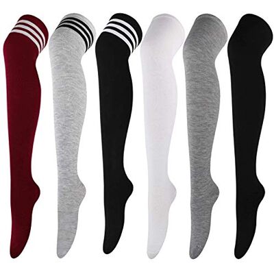 DRESHOW 6 pares meias até ao joelho para mulher, riscas escola de cosplay casual sobre o joelho meias até às coxas meias compridas, 6 Pares H: Cinzento A, vermelho, preto A, preto B, branco, cinzento DRESHOW 6 pares meias até ao joelho para mulher, riscas escola de cosplay casual sobre o joelho meias até às coxas meias compridas, 6 Pares H: Cinzento A, vermelho, preto A, preto B, branco, cinzento
