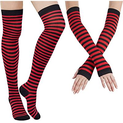 DRESHOW Meias até ao Joelho Cosplay Casual Sobre o Joelho Meias até à Coxa Meias Longas Luvas Sem Dedos para Mulher Menina, Preto & Vermelho, Tamanho único DRESHOW Meias até ao Joelho Cosplay Casual Sobre o Joelho Meias até à Coxa Meias Longas Luvas Sem Dedos para Mulher Menina, Preto & Vermelho, Tamanho único