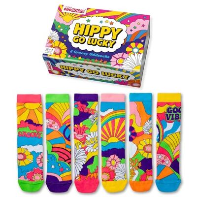 United Hippy Go Lucky caixa de presente, 6 meias despares Mulher estilo festival, meias coloridas para misturar e combinar, design alegre e divertido, presente original, EU 37-42 United Hippy Go Lucky caixa de presente, 6 meias despares Mulher estilo festival, meias coloridas para misturar e combinar, design alegre e divertido, presente original, EU 37-42