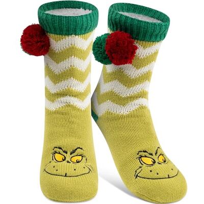 United Meias de peluche El Grinch para mulher, verde, tamanho único, meias macias com parada e forro com pompom, meias de cabana, meias quentes para mulher United Meias de peluche El Grinch para mulher, verde, tamanho único, meias macias com parada e forro com pompom, meias de cabana, meias quentes para mulher