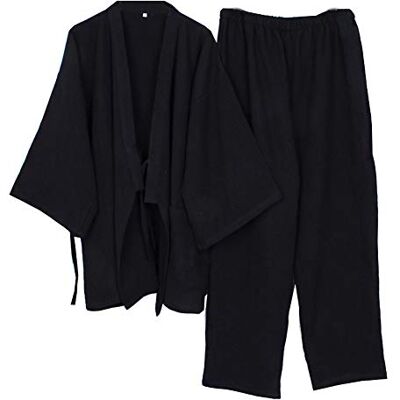 thefancypumpkin Robe de meditação japonês para homem em algodão gaze duplo, pijama quimono, camisola tamanho, Preto thefancypumpkin Robe de meditação japonês para homem em algodão gaze duplo, pijama quimono, camisola tamanho, Preto