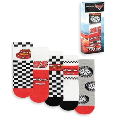 Disney Conjunto de 5 meias para carros Raio McQueen para criança, em vermelho, preto, branco e cinzento, para uso diário com estampado às riscas e quadros, meias infantis com personagens Merchandising Disney Conjunto de 5 meias para carros Raio McQueen para criança, em vermelho, preto, branco e cinzento, para uso diário com estampado às riscas e quadros, meias infantis com personagens Merchandising