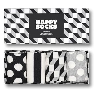 Happy Socks Meias brancas e pretas meias de algodão em caixas de presente divertidas com padrões geométricos Happy Socks Meias brancas e pretas meias de algodão em caixas de presente divertidas com padrões geométricos