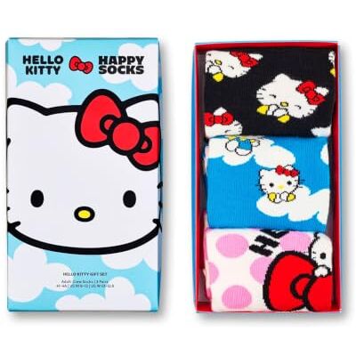 Happy Socks Hello Kitty Conjunto de 3 meias de algodão para homem e mulher, preto, tamanho 41-46 Happy Socks Hello Kitty Conjunto de 3 meias de algodão para homem e mulher, preto, tamanho 41-46