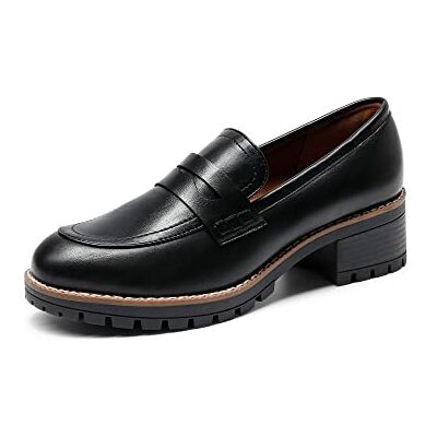 DREAM PAIRS Mocassins de salto grosso com plataforma para mulher, sapatos casuais de negócios para mulher, poliuretano preto, UE 42 DREAM PAIRS Mocassins de salto grosso com plataforma para mulher, sapatos casuais de negócios para mulher, poliuretano preto, UE 42