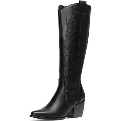 DREAM PAIRS Botas Cowboy de cano alto para mulher de salto largo inverno de cano alto até ao joelho SDKB224W Bordado decorativo, tacón cubano 7.1cm, punta fina, plantilla látex, cremallera lateral. DREAM PAIRS Botas Cowboy de cano alto para mulher de salto largo inverno de cano alto até ao joelho SDKB224W Bordado decorativo, tacón cubano 7.1cm, punta fina, plantilla látex, cremallera lateral.