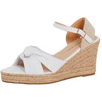 Lora Dora Sandálias de cunha com ponta aberta para mulher, alpercatas atadas com tiras de serapilheira, salto médio, alça no tornozelo, fivela ajustável, sapatos clássicos com palmilha de espuma viscoelástica Lora Dora Sandálias de cunha com ponta aberta para mulher, alpercatas atadas com tiras de serapilheira, salto médio, alça no tornozelo, fivela ajustável, sapatos clássicos com palmilha de espuma viscoelástica