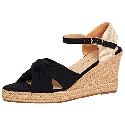 Lora Dora Sandálias de cunha com ponta aberta para mulher, alpercatas atadas com tiras de serapilheira, salto médio, alça no tornozelo, fivela ajustável, sapatos clássicos com palmilha de espuma viscoelástica Lora Dora Sandálias de cunha com ponta aberta para mulher, alpercatas atadas com tiras de serapilheira, salto médio, alça no tornozelo, fivela ajustável, sapatos clássicos com palmilha de espuma viscoelástica