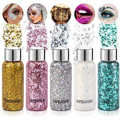 Vegena Body Glitter Gel, 5 Bottle Glitzer Face Chunky Glitter, Schminke Karneval Face Glitters für KosmetikGesicht Haar LippenNägel Festival Party Make Up (Weiß+Silber+Gold+rosa + Grün) Vegena Body Glitter Gel, 5 Bottle Glitzer Face Chunky Glitter, Schminke Karneval Face Glitters für KosmetikGesicht Haar LippenNägel Festival Party Make Up (Weiß+Silber+Gold+rosa + Grün)