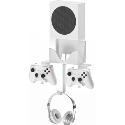 Hosanwell Suporte de parede para Xbox Series S, montagem de parede para consola, controlador e auriculares, suporte sólido com parafusos e orifício de ventilação para facilitar a instalação Hosanwell Suporte de parede para Xbox Series S, montagem de parede para consola, controlador e auriculares, suporte sólido com parafusos e orifício de ventilação para facilitar a instalação