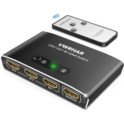 VWRHar Switch HDMI 3 Entradas a 1 Salida, 4K@60Hz Automático Con Control Remoto, Conmutador de Aluminio Soporta 4K3D UHD 1080P HDCP2.2 Compatible Con PS5/PS4/PS3, PC, DVD, BLU-Ray, Xbox, Roku, TV VWRHar Switch HDMI 3 Entradas a 1 Salida, 4K@60Hz Automático Con Control Remoto, Conmutador de Aluminio Soporta 4K3D UHD 1080P HDCP2.2 Compatible Con PS5/PS4/PS3, PC, DVD, BLU-Ray, Xbox, Roku, TV