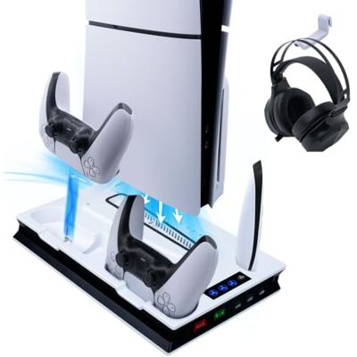 Wigearss PS5/PS5 Slim/PS5 Pro Suporte vertical ventiladores de refrigeração e estação de carregamento de controlador duplo, suporte multifuncional com iluminação LED para consola PS5/PS5 Slim/PS5 Pro Wigearss PS5/PS5 Slim/PS5 Pro Suporte vertical ventiladores de refrigeração e estação de carregamento de controlador duplo, suporte multifuncional com iluminação LED para consola PS5/PS5 Slim/PS5 Pro
