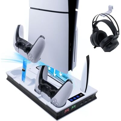 Wigearss PS5/PS5 Slim/PS5 Pro Suporte vertical ventiladores de refrigeração e estação de carregamento de controlador duplo, suporte multifuncional com iluminação LED para consola PS5/PS5 Slim/PS5 Pro Wigearss PS5/PS5 Slim/PS5 Pro Suporte vertical ventiladores de refrigeração e estação de carregamento de controlador duplo, suporte multifuncional com iluminação LED para consola PS5/PS5 Slim/PS5 Pro
