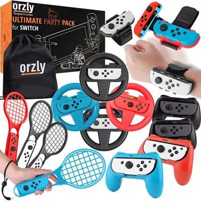 Orzly Pacote de acessórios de festa para Nintendo Switch Console com controladores e rodas de corrida, bandas de dança, raquetes de ténis 16 acessórios para festas e bolsa de transporte Orzly Pacote de acessórios de festa para Nintendo Switch Console com controladores e rodas de corrida, bandas de dança, raquetes de ténis 16 acessórios para festas e bolsa de transporte