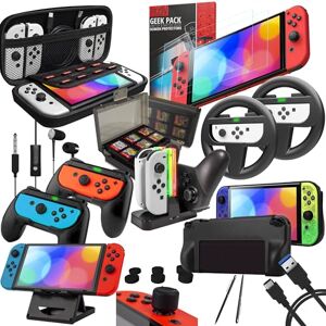 Orzly Kit acessórios para Nintendo Switch Geek Pack com: Capa e protetor de ecrã Switch, punhos e volante para comandos Joy-con, uma base de carregamento USB e um suporte portátil e muito mais. [Preto Orzly Kit acessórios para Nintendo Switch Geek Pack com: Capa e protetor de ecrã Switch, punhos e volante para comandos Joy-con, uma base de carregamento USB e um suporte portátil e muito mais. [Preto