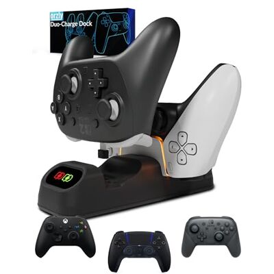 Orzly Suporte de carregamento de comando para PlayStation 5 DualSense, Nintendo Switch Pro e Switch 2, Xbox Series X S, Google Stadia, carregador USB-C duplo, design – Ótimo presente para jogadores Orzly Suporte de carregamento de comando para PlayStation 5 DualSense, Nintendo Switch Pro e Switch 2, Xbox Series X S, Google Stadia, carregador USB-C duplo, design – Ótimo presente para jogadores
