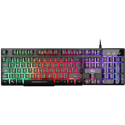 Rii RK100 Plus teclado retroiluminado Gaming, 7 cores Rainbow LED, teclado para jogos com cabo USB, Disposição QWERTY espanhol Rii RK100 Plus teclado retroiluminado Gaming, 7 cores Rainbow LED, teclado para jogos com cabo USB, Disposição QWERTY espanhol