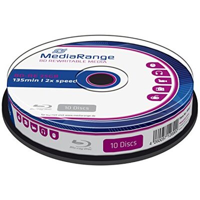 MediaRange Bluray 25 GB 10 unidades BD-RE Spindel 2X Pack de 10 25 GB, 2 x velocidade de gravação, Cakebox, para vídeo HD e dados MediaRange Bluray 25 GB 10 unidades BD-RE Spindel 2X Pack de 10 25 GB, 2 x velocidade de gravação, Cakebox, para vídeo HD e dados