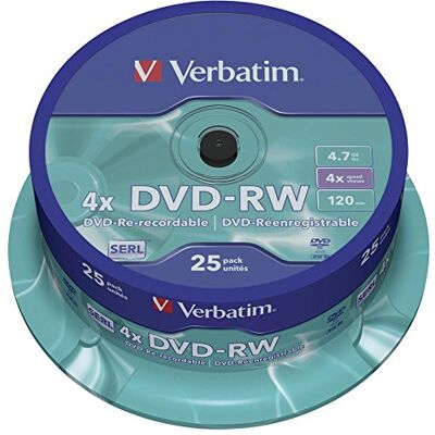 Verbatim Armazenamento de dados externo multicolorido DVD-RW regravável de 4,7 GB com Hardcoat Scratch Guard e 4 velocidades de gravação em embalagem de 25 unidades Verbatim Armazenamento de dados externo multicolorido DVD-RW regravável de 4,7 GB com Hardcoat Scratch Guard e 4 velocidades de gravação em embalagem de 25 unidades