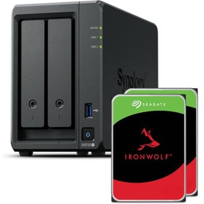 Synology DS725+ 24TB Bundle (Seagate Ironwolf 2X 12TB) 2 Bay Plus série com Ryzen R1600, 4 GB de RAM (32 GB máximo), 1 x 2,5 GbE, 1 x 1 GbE, 2 ranhuras M.2 NVMe. Expansão DX525 disponível através de Synology DS725+ 24TB Bundle (Seagate Ironwolf 2X 12TB) 2 Bay Plus série com Ryzen R1600, 4 GB de RAM (32 GB máximo), 1 x 2,5 GbE, 1 x 1 GbE, 2 ranhuras M.2 NVMe. Expansão DX525 disponível através de