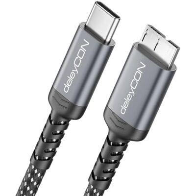 deleyCON 1,5 m Cabo USB 3.0 Micro B 5 Gbps USB-C para Micro-B Cabo de dados de nylon para HDD/SSD e caixas de disco para Toshiba, WD, Seagate, Samsung, etc. deleyCON 1,5 m Cabo USB 3.0 Micro B 5 Gbps USB-C para Micro-B Cabo de dados de nylon para HDD/SSD e caixas de disco para Toshiba, WD, Seagate, Samsung, etc.