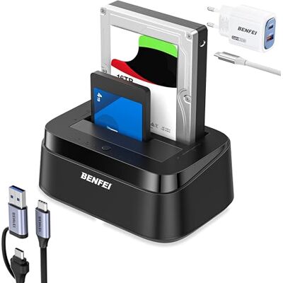 BENFEI Estação de acoplamento para disco rígido com função de lonagem offline UASP, Baía dupla USB C para HDD SSD de 2,5/3,5 polegadas, até 5 Gbps, Instalação sem ferramentas BENFEI Estação de acoplamento para disco rígido com função de lonagem offline UASP, Baía dupla USB C para HDD SSD de 2,5/3,5 polegadas, até 5 Gbps, Instalação sem ferramentas