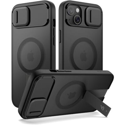 SURITCH Capa magnética compatível com iPhone 15, Kickstand incorporado e capa de câmara e volta translúcida, resistente a choques capa protetora (preto) SURITCH Capa magnética compatível com iPhone 15, Kickstand incorporado e capa de câmara e volta translúcida, resistente a choques capa protetora (preto)