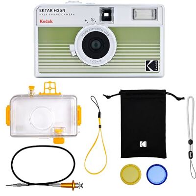 Kodak EKTAR H35N Câmara de filme de meio fotograma kit premium, 35 mm, reutilizável, função de lâmpada, filtro de estrela, lente revestida (película e bateria não incluídas) (verde às riscas) Kodak EKTAR H35N Câmara de filme de meio fotograma kit premium, 35 mm, reutilizável, função de lâmpada, filtro de estrela, lente revestida (película e bateria não incluídas) (verde às riscas)