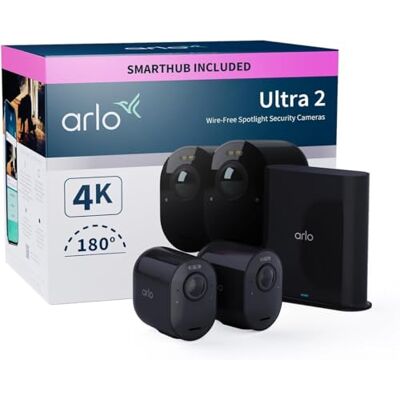 Arlo Ultra 2 câmara de vigilância WiFi exterior 4K, câmara de vigilância WiFi interior, sensor de movimento, alarme para casa, visão noturna cor, teste de arco seguro incluído, 2 câmaras, pretas Arlo Ultra 2 câmara de vigilância WiFi exterior 4K, câmara de vigilância WiFi interior, sensor de movimento, alarme para casa, visão noturna cor, teste de arco seguro incluído, 2 câmaras, pretas