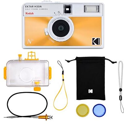 Kodak EKTAR H35N Câmara de filme de meio fotograma kit premium, 35 mm, reutilizável, função de lâmpada, filtro de estrela, lente revestida (película e bateria não incluídas) (laranja glaceada) Kodak EKTAR H35N Câmara de filme de meio fotograma kit premium, 35 mm, reutilizável, função de lâmpada, filtro de estrela, lente revestida (película e bateria não incluídas) (laranja glaceada)