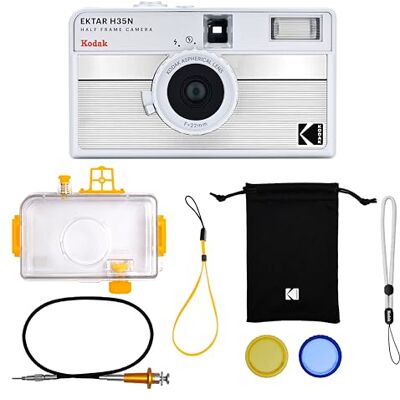 Kodak EKTAR H35N Câmara de filme de meio quadro kit premium, 35 mm, reutilizável, função de lâmpada, filtro de estrela, lente revestida (película e bateria não incluídas) (prata às riscas) Kodak EKTAR H35N Câmara de filme de meio quadro kit premium, 35 mm, reutilizável, função de lâmpada, filtro de estrela, lente revestida (película e bateria não incluídas) (prata às riscas)