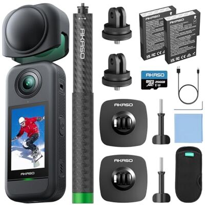 AKASO 360 Câmara de ação 360 com cartão de 256 GB, kit de aventura neve Câmara desportiva 360 com sensor de 1/2", 5,7 K 360, fotos 72 MP, ecrã táctil de 2,29 AKASO 360 Câmara de ação 360 com cartão de 256 GB, kit de aventura neve Câmara desportiva 360 com sensor de 1/2", 5,7 K 360, fotos 72 MP, ecrã táctil de 2,29