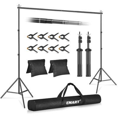 EMART Suporte fundo fotográfico 2,4 x 3 m, kit sistema de suporte ajustável 8 pinças, 2 sacos de areia, retrato, fotografia de produtos, gravação de vídeo EMART Suporte fundo fotográfico 2,4 x 3 m, kit sistema de suporte ajustável 8 pinças, 2 sacos de areia, retrato, fotografia de produtos, gravação de vídeo