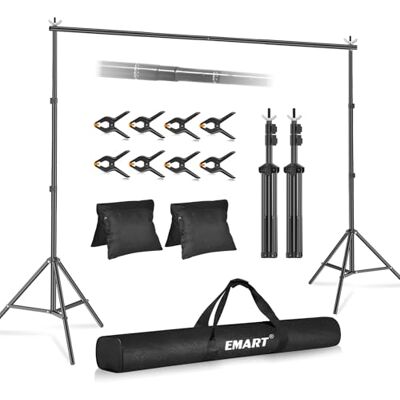 EMART Suporte fundo fotográfico 2,6 x 3 m, kit sistema de suporte ajustável 8 pinças, 2 sacos de areia, retrato, fotografia de produtos, gravação de vídeo EMART Suporte fundo fotográfico 2,6 x 3 m, kit sistema de suporte ajustável 8 pinças, 2 sacos de areia, retrato, fotografia de produtos, gravação de vídeo