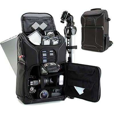 USA Gear Mochila completa para câmera DSLR, capa impermeável compartimento para portátil e divisores para medidor de tripé, alvo, compatível com Canon, Nikon, Sony e muito mais preto USA Gear Mochila completa para câmera DSLR, capa impermeável compartimento para portátil e divisores para medidor de tripé, alvo, compatível com Canon, Nikon, Sony e muito mais preto
