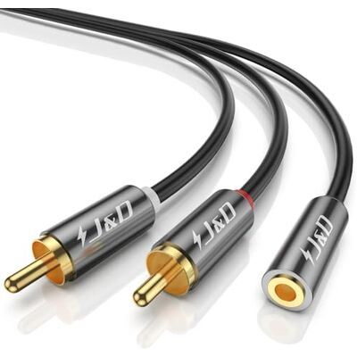 J&D 3,5 mm fêmea a 2 RCA macho cabo de adaptador de áudio estéreo, banhado a ouro, para amplificador, alto-falantes, misturador, TV, Tablet, PC, 0,9 metros J&D 3,5 mm fêmea a 2 RCA macho cabo de adaptador de áudio estéreo, banhado a ouro, para amplificador, alto-falantes, misturador, TV, Tablet, PC, 0,9 metros