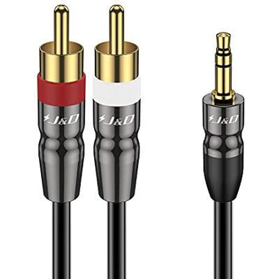 J&D Cabo de áudio Jack para 2RCA, cabo RCA de serviço pesado com concha de cobre banhado a ouro 3,5 mm macho para 2 RCA macho cabo estéreo para smartphone/leitor MP3/tablet, 0,3 metros J&D Cabo de áudio Jack para 2RCA, cabo RCA de serviço pesado com concha de cobre banhado a ouro 3,5 mm macho para 2 RCA macho cabo estéreo para smartphone/leitor MP3/tablet, 0,3 metros