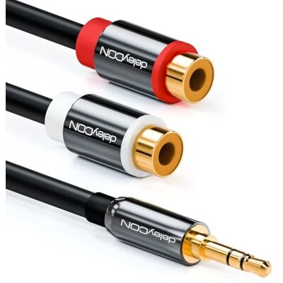deleyCON 1 m Cabo de áudio estéreo Jack 3,5 mm macho a 2 portas RCA fêmea capa metálica com contactos banhados a ouro preto deleyCON 1 m Cabo de áudio estéreo Jack 3,5 mm macho a 2 portas RCA fêmea capa metálica com contactos banhados a ouro preto