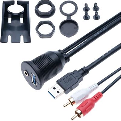 Keple Cabo USB 3.0 e 3,5 mm AUX RCA macho para USB 1M e extensão de montagem em painel de painel de áudio estéreo feminino para carro, bicicleta, motociclo, barco, reboque de camião (1 metro) Keple Cabo USB 3.0 e 3,5 mm AUX RCA macho para USB 1M e extensão de montagem em painel de painel de áudio estéreo feminino para carro, bicicleta, motociclo, barco, reboque de camião (1 metro)