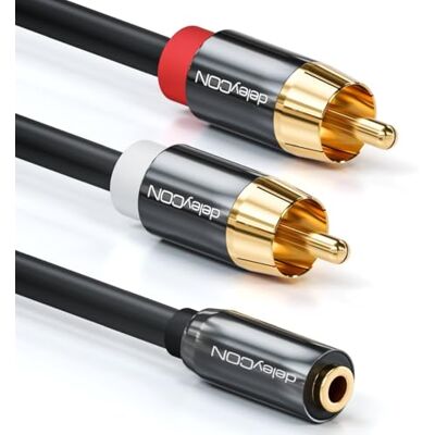 deleyCON Cabo de áudio estéreo curto de 0,5 mm Jack de 3,5 mm fêmea a 2 conectores RCA macho capa metálica adaptador para portátil, tablet, smartphone, TV, DVD e caixas de som preto deleyCON Cabo de áudio estéreo curto de 0,5 mm Jack de 3,5 mm fêmea a 2 conectores RCA macho capa metálica adaptador para portátil, tablet, smartphone, TV, DVD e caixas de som preto