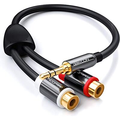 deleyCON 20 cm Cabo de áudio estéreo curto Jack 3,5 mm macho a 2 portas RCA fêmea capa metálica com contactos banhados a ouro preto deleyCON 20 cm Cabo de áudio estéreo curto Jack 3,5 mm macho a 2 portas RCA fêmea capa metálica com contactos banhados a ouro preto