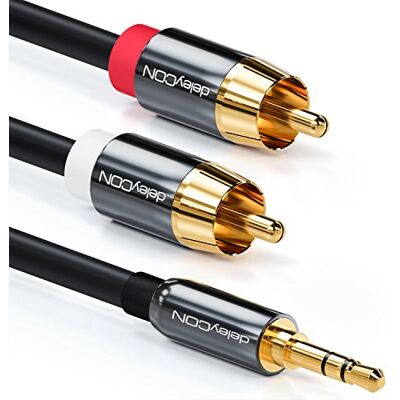 deleyCON 3,0 m Cabo de encaixe de conector áudio jack de 3,5 mm cabo com 1 conector de áudio jack de 3,5 mm e 2 conectores RCA Cinch preto deleyCON 3,0 m Cabo de encaixe de conector áudio jack de 3,5 mm cabo com 1 conector de áudio jack de 3,5 mm e 2 conectores RCA Cinch preto