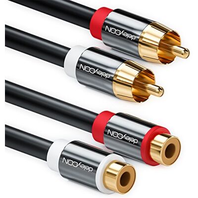 deleyCON 0,5 m Cabo de extensão de áudio estéreo Cinch RCA 2 x conector feminino conectores metálicos dourados preto deleyCON 0,5 m Cabo de extensão de áudio estéreo Cinch RCA 2 x conector feminino conectores metálicos dourados preto