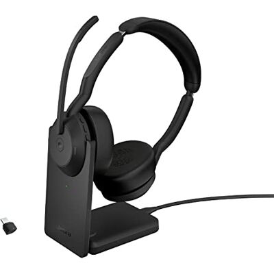 Jabra Evolve2 55 Auriculares estéreo sem fios com base de carregamento, tecnologia Air Comfort, microfones com cancelamento de ruído e ANC, certificado para MS Teams, preto Jabra Evolve2 55 Auriculares estéreo sem fios com base de carregamento, tecnologia Air Comfort, microfones com cancelamento de ruído e ANC, certificado para MS Teams, preto